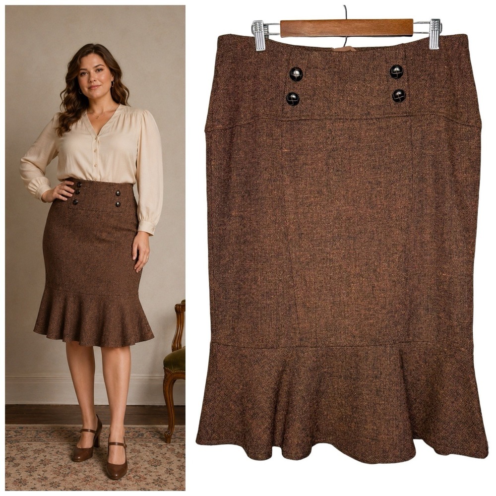 DEBBIE SHUCHAT Vintage 14 Tweed Wool Knee Length‎ Skirt Brown Academia